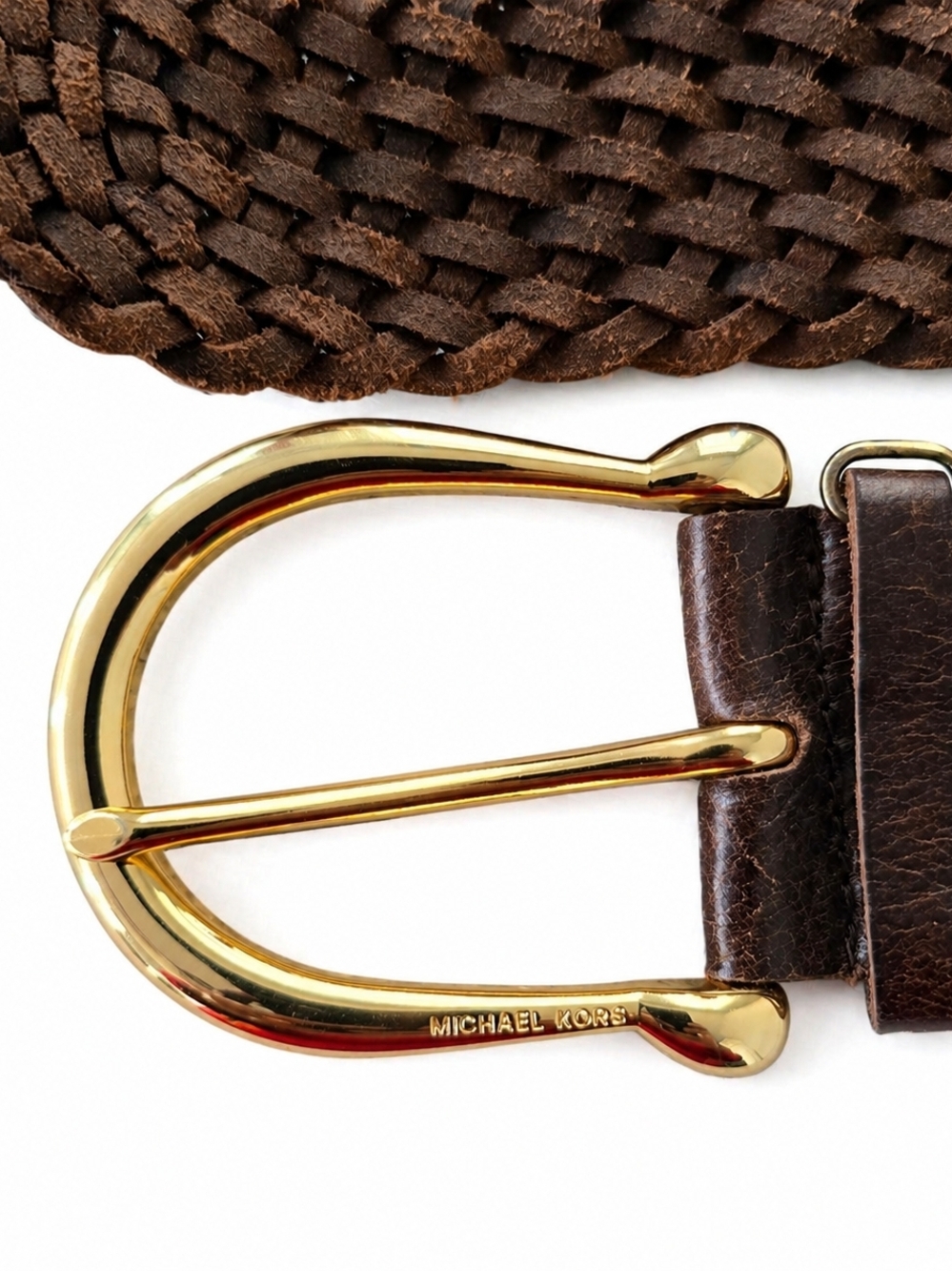 Michael Kors Woven Belt Leather 2" MK Silver Womens M Brown Braided